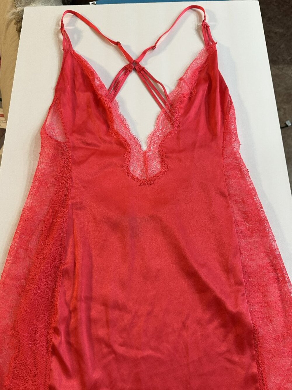 Victoria’s Secret Bright Coral Satin & Lace Slip Dress with Sexy Strappy Back